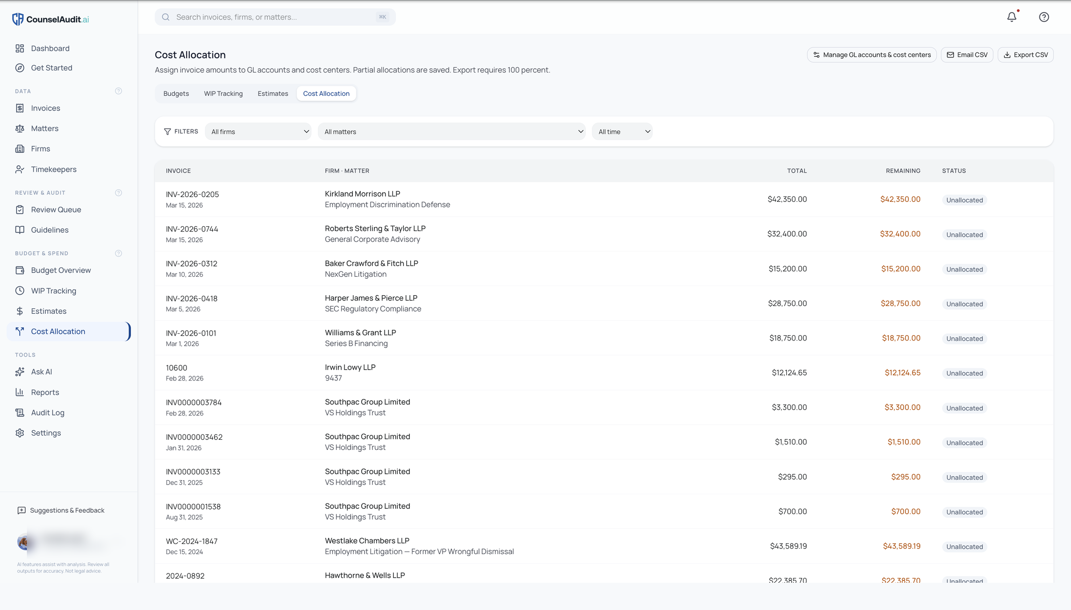 CounselAudit.ai alloc screen, captured from the live product.