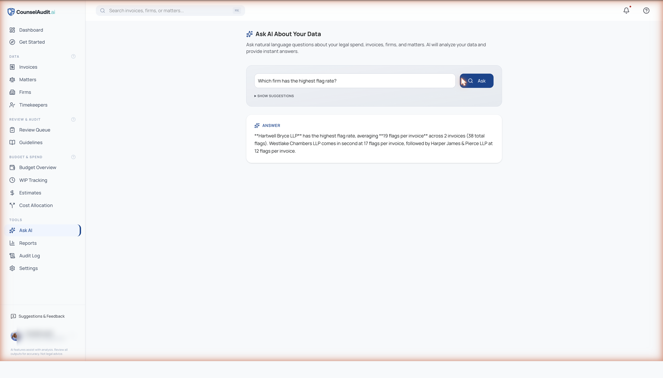 CounselAudit.ai ask screen, captured from the live product.