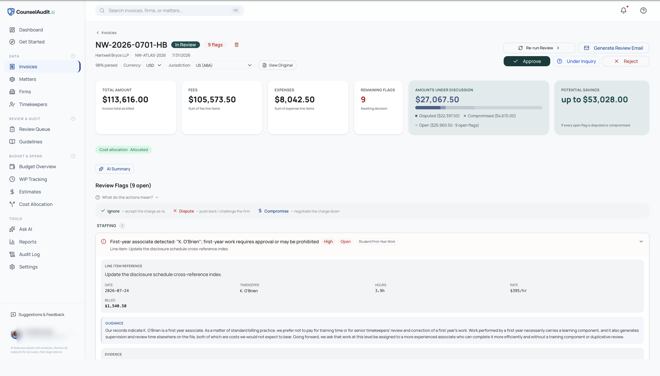 CounselAudit.ai flags screen, captured from the live product.