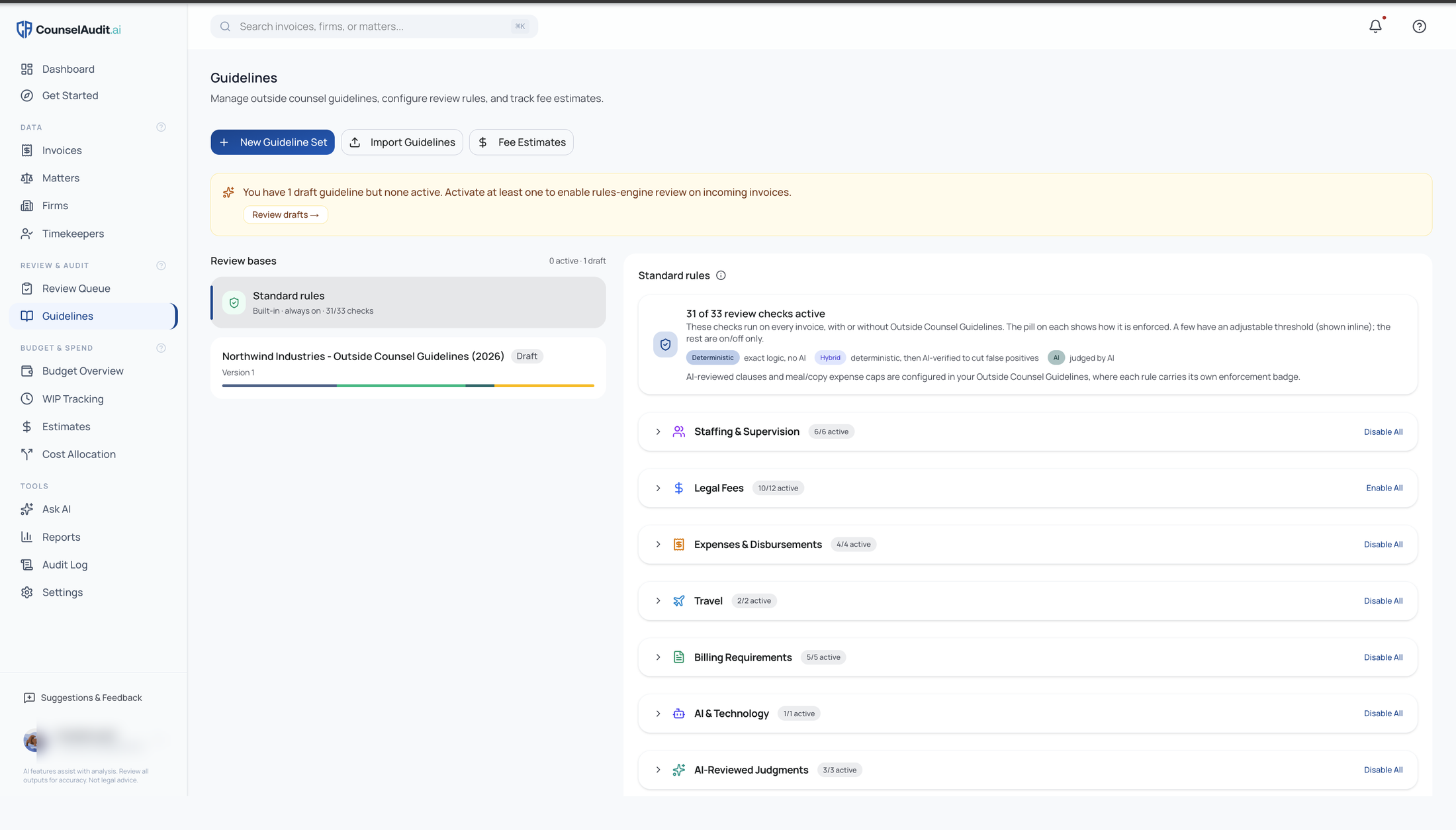 CounselAudit.ai guidelines screen, captured from the live product.