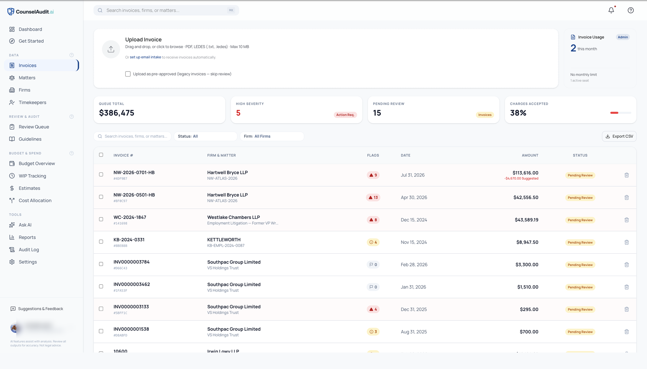 CounselAudit.ai queue screen, captured from the live product.