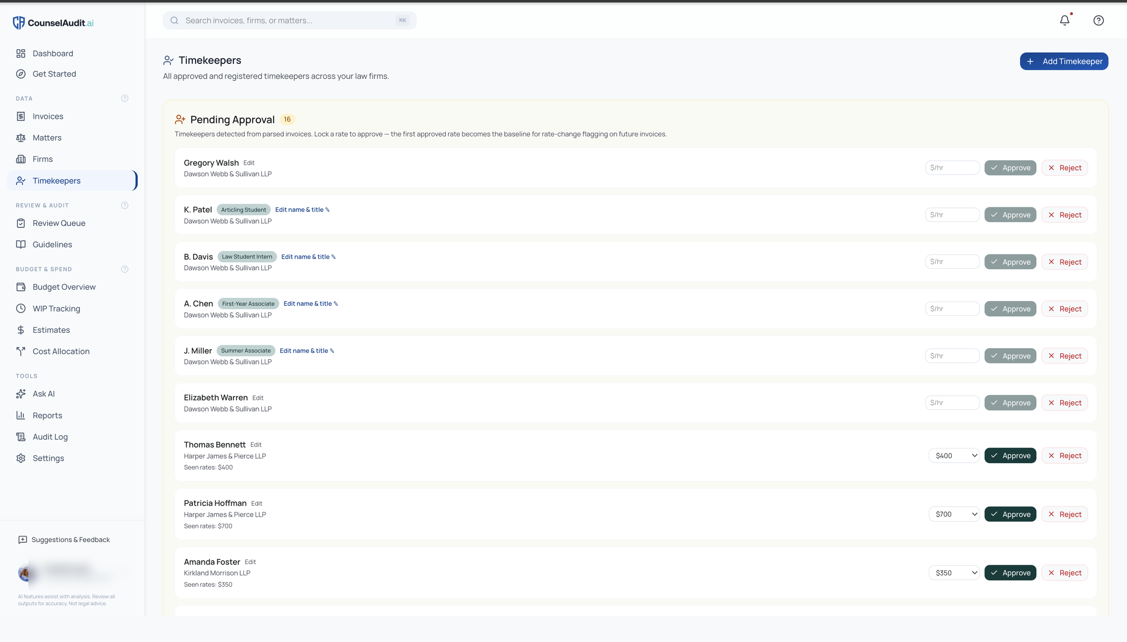 CounselAudit.ai timekeepers screen, captured from the live product.
