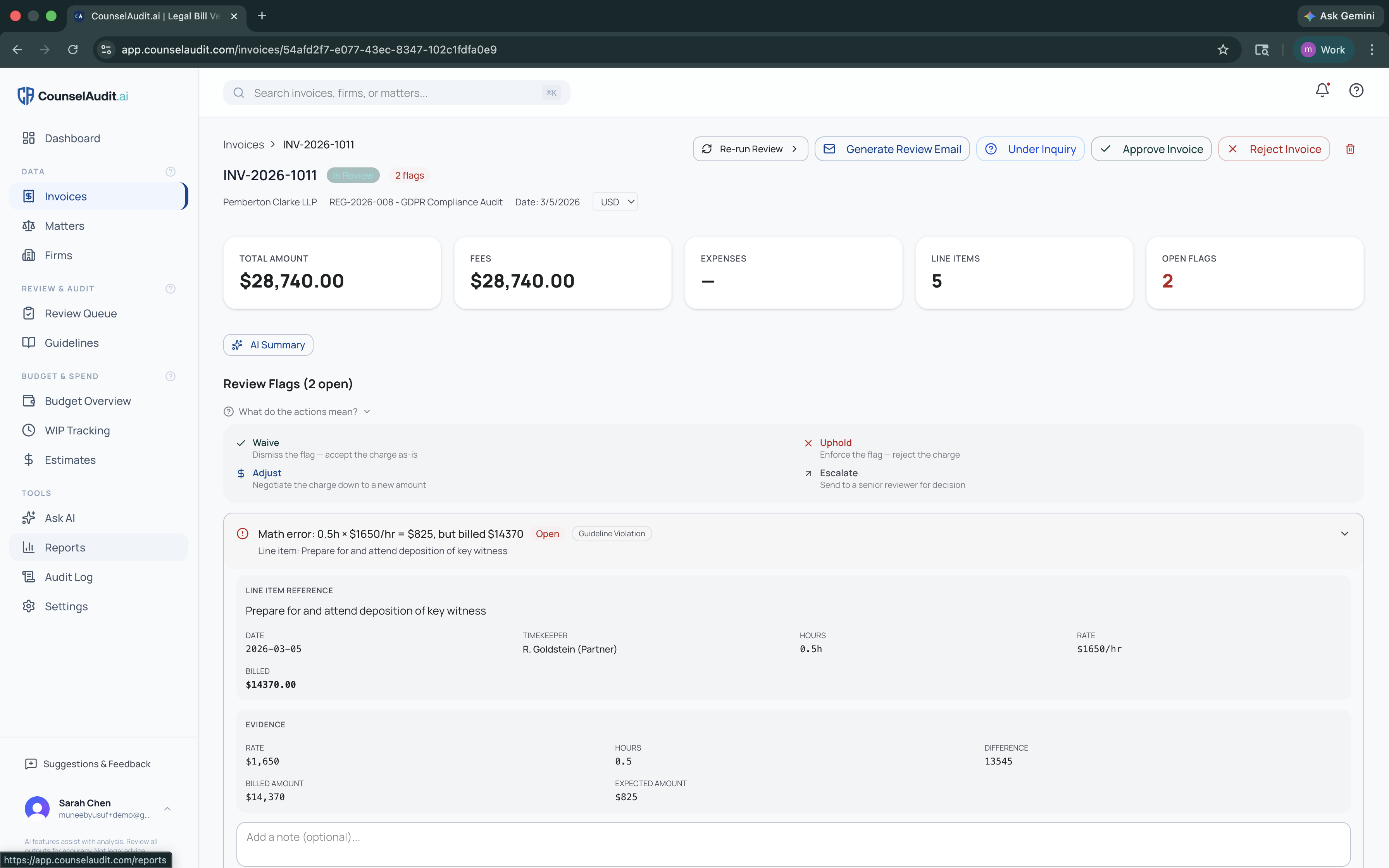 CounselAudit.ai flagged invoice review with math error detection and four-action resolution